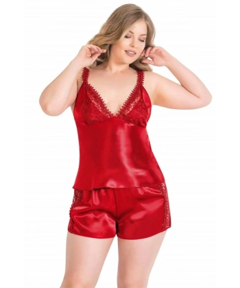 Büyük Beden Kırmızı Saten Babydoll Şort Takımı - SSSSSS4342-3079