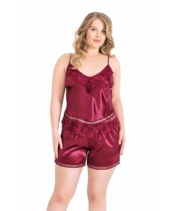 Büyük Beden Bordo Saten Babydoll Şort Takımı - SSSSSS6092-6350