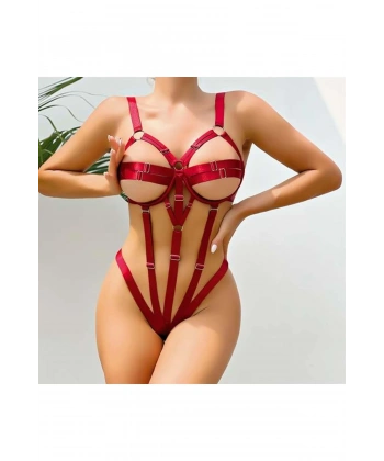 Fantezi Lastik Body Harness Bordo - SSSSSS4728-3106