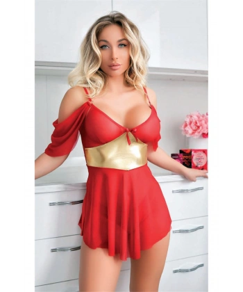 Sarı Kuşak Detaylı Fantezi Kırmızı Gecelik - SSSSSS6623-5607