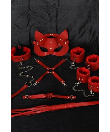 Kırmızı İçi Tüylü MaskeKolBacakAğız TopuKırbaçTasma Harness Set - SSSSSS5327-2859