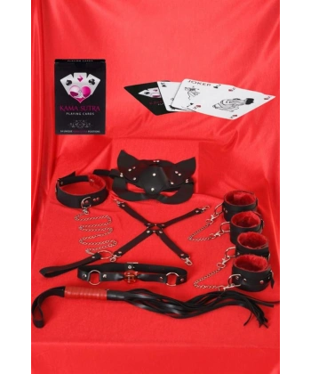 Sexy Görselli Oyun Kartı Kama Sutra 7li Kırmızı Siyah Harness Set - SSSSSS3271-4427