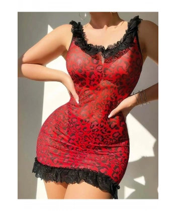 Sırt Dekolteli Kırmızı Leoparlı Gecelik - SSSSSS5204-4914
