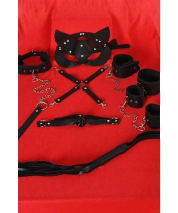Siyah İçi Tüylü MaskeKolBacakAğız TopuKırbaçTasma Set - SSSSSS7272-5839