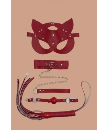 Kırmızı Maske Tasma Kırbaç Deri Set - SSSSSS2537-7876