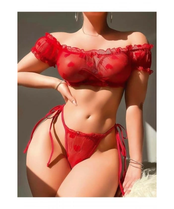 Kırmızı Transparan Fantezi Sütyen Külot Takım - SSSSSS7418-6857