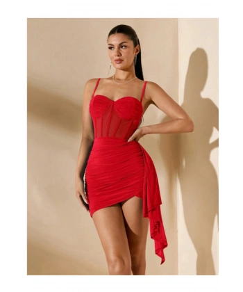 Özel Şık Tasarım Kırmızı Korse Görünümlü Mini Club Elbisesi - SSSSSS5277-2711