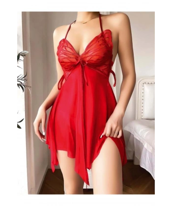Kırmızı İşlemeli Tül Fantezi Gecelik - SSSSSS5054-8625