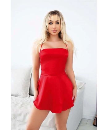 Derin Sırt Detaylı Saten Kırmızı Fantezi Elbise - SSSSSS3546-1081