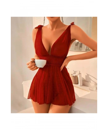 Bordo Dantel İşlemeli Puantiyeli Tül Fantezi Gecelik - SSSSSS2761-7099