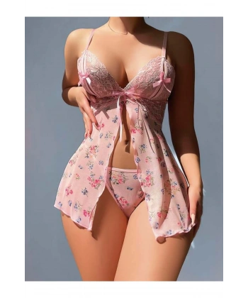 Pembe Dantel İşlemeli Çiçek Desenli Fantezi Gecelik - SSSSSS2724-7795