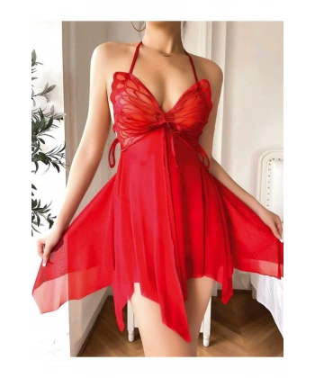 Göğüs Detaylı Fantezi Tül Kırmızı Gecelik - SSSSSS9297-9926