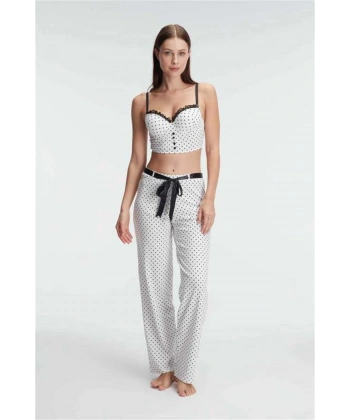 Fantezi Bralet Sütyen Pamuklu Puantiye Desenli Desteksiz Dantel Detaylı Pijama Tak - SSSSSS3594-1
