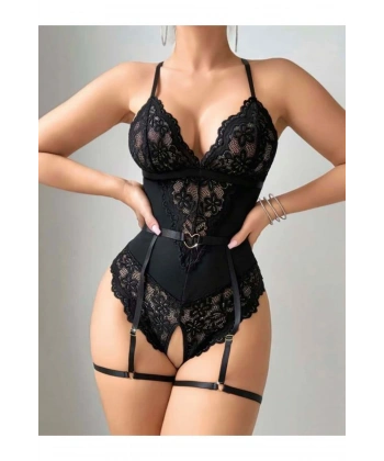 Siyah Özel Bölgesi Açık Dantel İşlemeli Jartiyer Görünümlü Fantezi Body - SSSSSS4338-8723