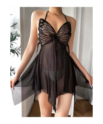 Göğüs Detaylı Fantezi Tül Siyah Gecelik - SSSSSS3767-1583