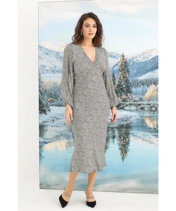 %100 Viskon Desenli Uzun Kollu Saten Elbise - SSSSSS1085-9379