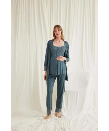 Dantelli Önü Düğmeli Hamile Lohusa 3lü Viskon Pijama Takımı - SSSSSS4129-9074