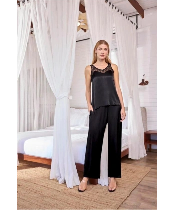 Viskon Dantelli ve Dekolteli Saten Pijama Takımı - SSSSSS3226-4972