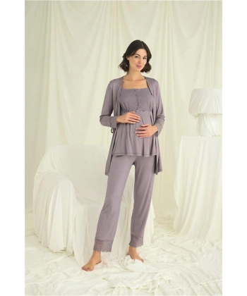 Dantelli Önü Düğmeli Hamile Lohusa 3lü Pijama Takımı - SSSSSS5493-3271