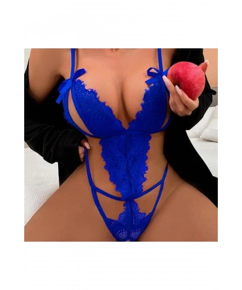 Fiyonklu Dantelli Saks Fantezi Body - SSSSSS7132-4070