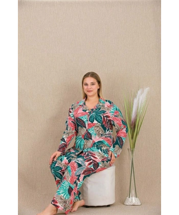 Büyük Beden Renkli Yaprak Desenli Düğmeli Uzun Kol Viskon Pijama Takımı - SSSSSS7078-8250
