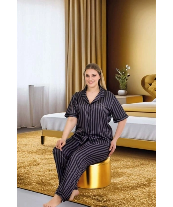 Büyük Beden Şık Tasarım Siyah Çizgili Düğmeli Kısa Kol Lüx Saten Pijama Ta - SSSSSS4303-2