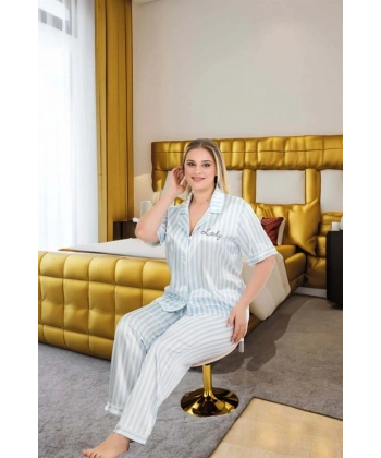 Büyük Beden Şık Tasarım Mavi Çizgili Düğmeli Kısa Kol Lüx Saten Pijama Tak - SSSSSS3219-4
