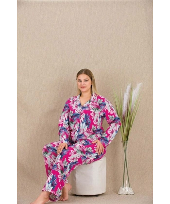 Büyük Beden Renkli Yaprak Desenli Düğmeli Uzun Kol Viskon Pijama Takımı - SSSSSS8920-5033