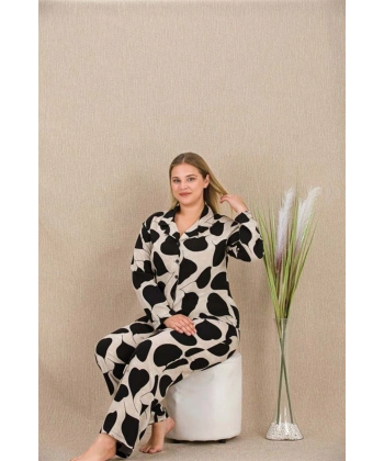 Büyük Beden Siyah Beyaz Kalp Desenli Düğmeli Uzun Kol Viskon Pijama Takımı - SSSSSS7866-1119