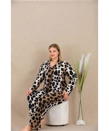 Büyük Beden Siyah Benekli Düğmeli Uzun Kol Viskon Pijama Takımı - SSSSSS4928-6680