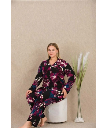 Büyük Beden Renkli Desenli Düğmeli Uzun Kol Viskon Pijama Takımı - SSSSSS1004-6100