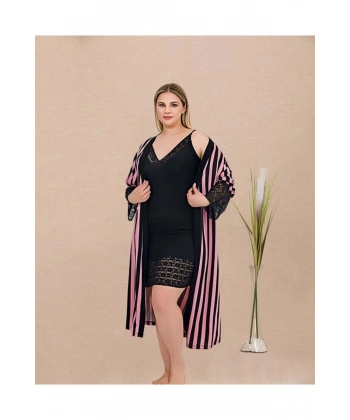 Büyük Beden Çizgi Desenli Dantel İşlemeli 2li Viskon Siyah Gecelik Sabahlık T - SSSSSS6134-2