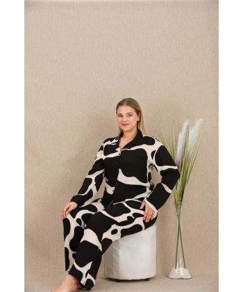 Büyük Beden Siyah Beyaz Desenli Düğmeli Uzun Kol Viskon Pijama Takımı - SSSSSS1144-8757