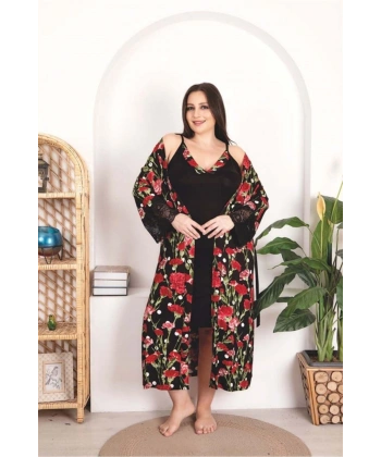 Büyük Beden Kırmızı Çiçek Desenli Dantel İşlemeli 2li Viskon Siyah Gecelik - SSSSSS8971-9