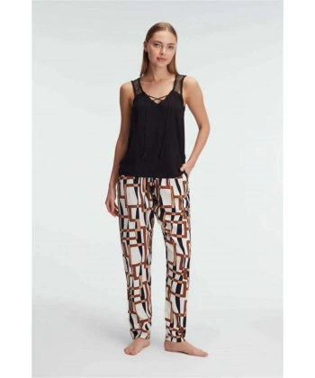 Sıfır Kol V Yaka Viskon Geometrik Yazlık Uzun İp Detaylı Pijama Takımı - SSSSSS1822-6285