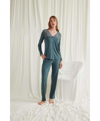 Yakası Omzu ve Paçası Dantelli Boydan Düğmeli Pijama Takımı - SSSSSS1946-6216
