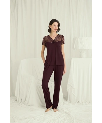 Kısa Kollu ve Dantelli V Yaka Pijama Takımı - SSSSSS4212-3123