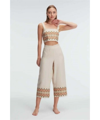 Askılı Oyuk U Yaka Geometrik Yazlık Uzun Nakış Detaylı Pijama Takımı - SSSSSS7652-4718