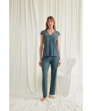 Yakası Kolu ve Omzu Dantelli Önü Düğmeli Pijama Takımı - SSSSSS2845-2399