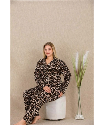 Büyük Beden Leopar Desenli Düğmeli Uzun Kol Viskon Pijama Takımı - SSSSSS4520-3464