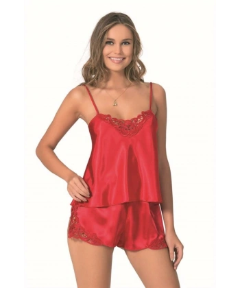 Şık Tasarım Yumuşak Dokulu Dantel İşlemeli Kırmızı Saten Babydoll Şort Tak - SSSSSS9275-9