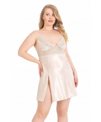 Büyük Beden Fildişi Kısa Saten Gecelik - SSSSSS8471-7854