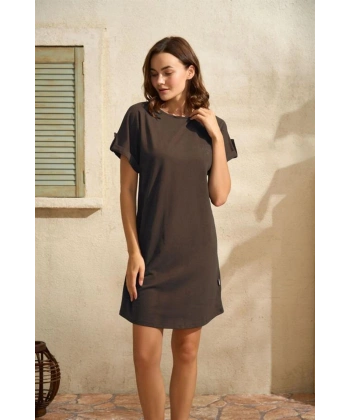 Günlük Kısa Kol Bisiklet Yaka Cotton Düz Yazlık Kısa Kahve Pijama Takımı - SSSSSS2303-9226