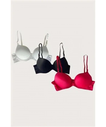 Beyaz-Siyah-Kırmızı 3lü Mikro Kumaş Push Up Dolgulu Balenli Günlük Destekli - SSSSSS2173-9