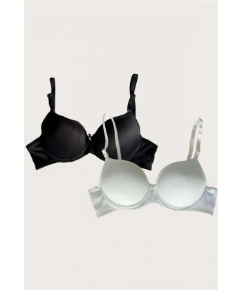 Beyaz-Siyah 2li Mikro Kumaş İçi Boş Balenli Günlük Desteksiz Sütyen - SSSSSS5720-1991