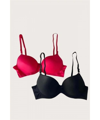 Siyah-Kırmızı 2li Mikro Kumaş Push Up Dolgulu Balenli Günlük Destekli Sütyen - SSSSSS5813-4