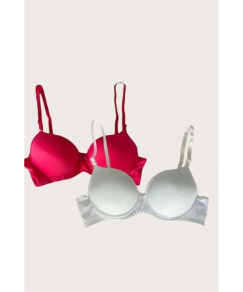 Kırmızı-Beyaz 2li Mikro Kumaş Push Up Dolgulu Balenli Günlük Destekli Sütyen - SSSSSS5050-9