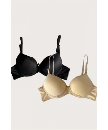 Siyah-Ten 2li Mikro Kumaş Push Up Dolgulu Balenli Günlük Destekli Sütyen - SSSSSS8473-3843