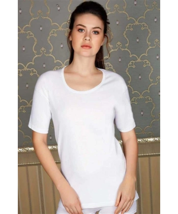 Pamuklu Ribana Geniş Yaka Kısa Kol Fanila T-Shirt - SSSSSS3948-2573