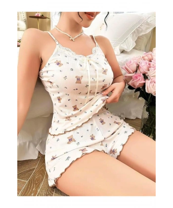 Ayıcık Desenli Dantel İşlemeli Askılı Şortlu Pijama Takımı - SSSSSS8491-2876